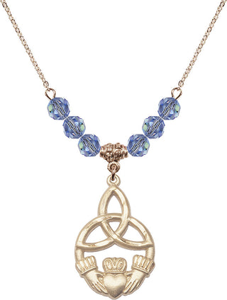 18" Hamilton Gold Plated Necklace with 4mm Light Sapphire Crystal Beads featuring a 14kt Gold Filled Irish Knot / Claddagh Medal.