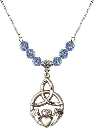 18" Rhodium Plated Necklace with 4mm Light Sapphire Crystal Beads featuring a Sterling Silver Irish Knot / Claddagh Medal.