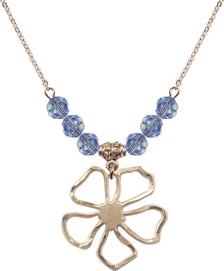 18" Hamilton Gold Plated Necklace with 4mm Light Sapphire Crystal Beads featuring a 14kt Gold Filled Five Pedal Flower Medal.