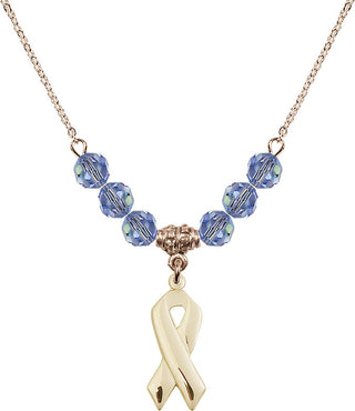 18" Hamilton Gold Plated Necklace with 4mm Light Sapphire Crystal Beads featuring a 14kt Gold Filled Cancer Awareness Medal.