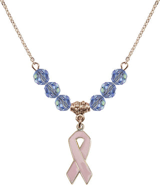 18" Hamilton Gold Plated Necklace with 4mm Light Sapphire Crystal Beads featuring a 14kt Gold Filled Cancer Awareness Medal.