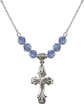 18" Rhodium Plated Necklace with 4mm Light Sapphire Crystal Beads featuring a Sterling Silver Cross Medal.