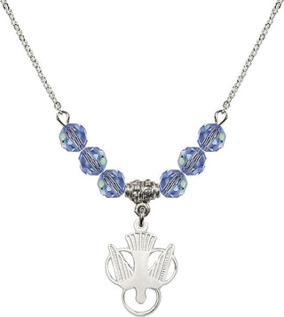 18" Rhodium Plated Necklace with 4mm Light Sapphire Crystal Beads featuring a Sterling Silver Holy Spirit Medal.