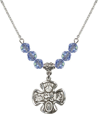 18" Rhodium Plated Necklace with 4mm Light Sapphire Crystal Beads featuring a Sterling Silver 5-Way Medal.