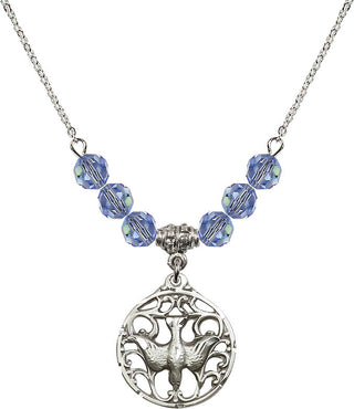 18" Rhodium Plated Necklace with 4mm Light Sapphire Crystal Beads featuring a Sterling Silver Holy Spirit Medal.