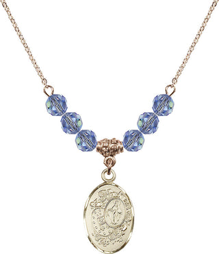 18" Hamilton Gold Plated Necklace with 4mm Light Sapphire Crystal Beads featuring a 14kt Gold Filled Miraculous Medal.