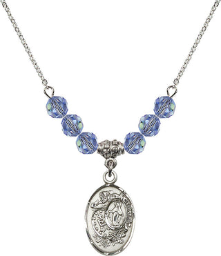 18" Rhodium Plated Necklace with 4mm Light Sapphire Crystal Beads featuring a Sterling Silver Miraculous Medal.
