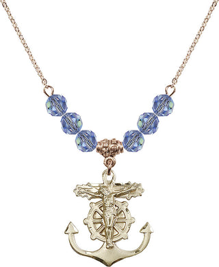 18" Hamilton Gold Plated Necklace with 4mm Light Sapphire Crystal Beads featuring a 14kt Gold Filled Anchor Crucifix Medal.