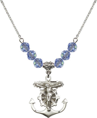 18" Rhodium Plated Necklace with 4mm Light Sapphire Crystal Beads featuring a Sterling Silver Anchor Crucifix Medal.