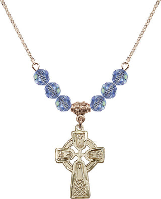 18" Hamilton Gold Plated Necklace with 4mm Light Sapphire Crystal Beads featuring a 14kt Gold Filled Celtic Cross Medal.