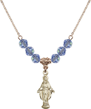 18" Hamilton Gold Plated Necklace with 4mm Light Sapphire Crystal Beads featuring a 14kt Gold Filled Miraculous Medal.