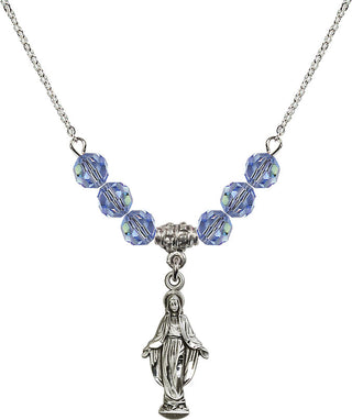 18" Rhodium Plated Necklace with 4mm Light Sapphire Crystal Beads featuring a Sterling Silver Miraculous Medal.