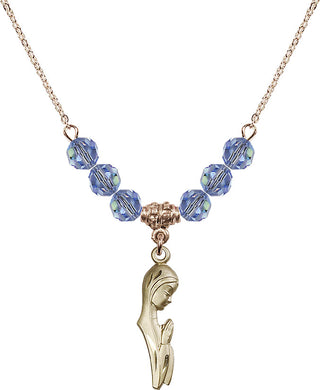 18" Hamilton Gold Plated Necklace with 4mm Light Sapphire Crystal Beads featuring a 14kt Gold Filled Madonna Medal.