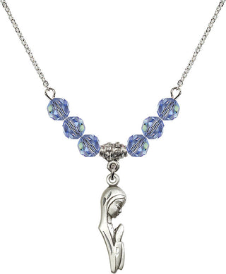 18" Rhodium Plated Necklace with 4mm Light Sapphire Crystal Beads featuring a Sterling Silver Madonna Medal.