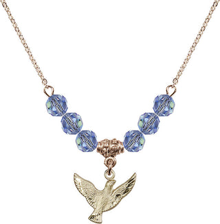 18" Hamilton Gold Plated Necklace with 4mm Light Sapphire Crystal Beads featuring a 14kt Gold Filled Holy Spirit Medal.