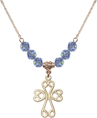 18" Hamilton Gold Plated Necklace with 4mm Light Sapphire Crystal Beads featuring a 14kt Gold Filled Scroll Cross Medal.