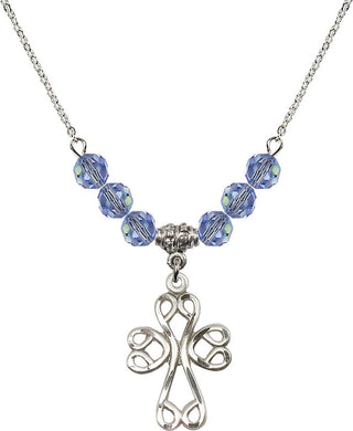 18" Rhodium Plated Necklace with 4mm Light Sapphire Crystal Beads featuring a Sterling Silver Scroll Cross Medal.