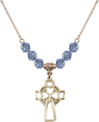 18" Hamilton Gold Plated Necklace with 4mm Light Sapphire Crystal Beads featuring a 14kt Gold Filled Shamrock Cross Medal.