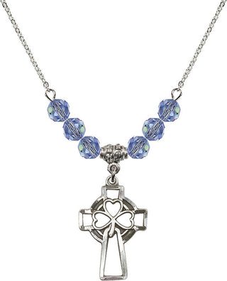 18" Rhodium Plated Necklace with 4mm Light Sapphire Crystal Beads featuring a Sterling Silver Shamrock Cross Medal.