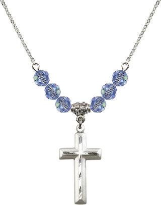 18" Rhodium Plated Necklace with 4mm Light Sapphire Crystal Beads featuring a Sterling Silver Cross Medal. Engraved Catholic Saint Jewelry