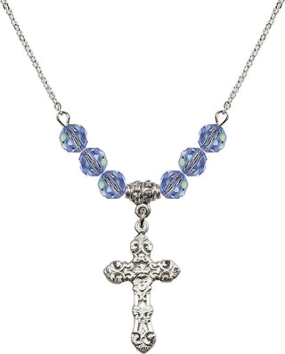 18" Rhodium Plated Necklace with 4mm Light Sapphire Crystal Beads featuring a Sterling Silver Cross Medal. Engraved Catholic Saint Jewelry
