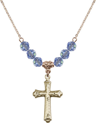 18" Hamilton Gold Plated Necklace with 4mm Light Sapphire Crystal Beads featuring a 14kt Gold Filled Cross Medal. Engraved Catholic Saint Jewelry