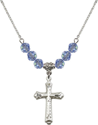 18" Rhodium Plated Necklace with 4mm Light Sapphire Crystal Beads featuring a Sterling Silver Cross Medal. Engraved Catholic Saint Jewelry