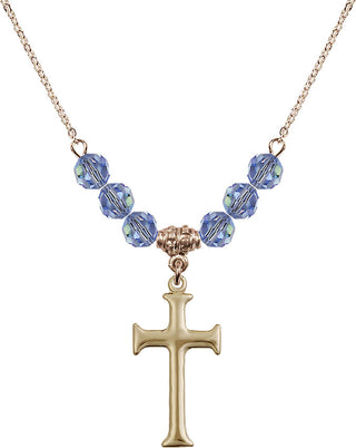 18" Hamilton Gold Plated Necklace with 4mm Light Sapphire Crystal Beads featuring a 14kt Gold Filled Cross Medal. Engraved Catholic Saint Jewelry