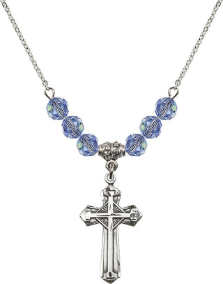 18" Rhodium Plated Necklace with 4mm Light Sapphire Crystal Beads featuring a Sterling Silver Cross Medal. Engraved Catholic Saint Jewelry