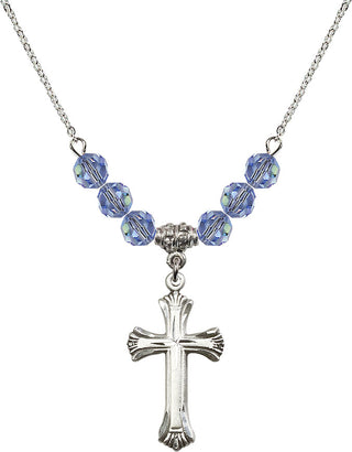 18" Rhodium Plated Necklace with 4mm Light Sapphire Crystal Beads featuring a Sterling Silver Cross Medal. Engraved Catholic Saint Jewelry