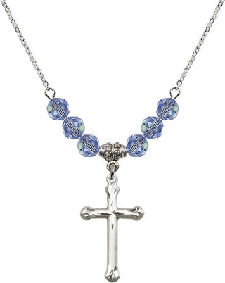 18" Rhodium Plated Necklace with 4mm Light Sapphire Crystal Beads featuring a Sterling Silver Cross Medal. Engraved Catholic Saint Jewelry