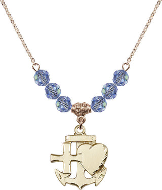 18" Hamilton Gold Plated Necklace with 4mm Light Sapphire Crystal Beads featuring a 14kt Gold Filled Faith, Hope & Charity Medal.