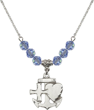18" Rhodium Plated Necklace with 4mm Light Sapphire Crystal Beads featuring a Sterling Silver Faith, Hope & Charity Medal.