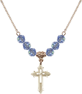 18" Hamilton Gold Plated Necklace with 4mm Light Sapphire Crystal Beads featuring a 14kt Gold Filled Cross on Cross Medal. Engraved Catholic Saint Jewelry