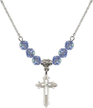 18" Rhodium Plated Necklace with 4mm Light Sapphire Crystal Beads featuring a Sterling Silver Cross on Cross Medal. Engraved Catholic Saint Jewelry