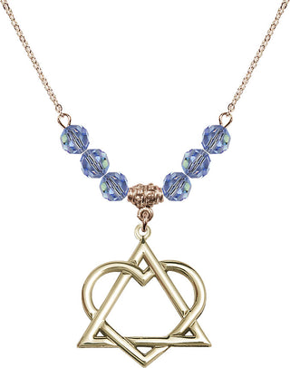 18" Hamilton Gold Plated Necklace with 4mm Light Sapphire Crystal Beads featuring a 14kt Gold Filled Adoption Heart Medal.