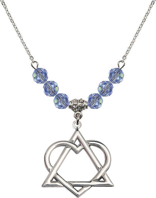 18" Rhodium Plated Necklace with 4mm Light Sapphire Crystal Beads featuring a Sterling Silver Adoption Heart Medal.