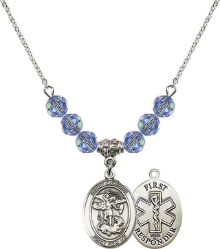 18" Rhodium Plated Necklace with 4mm Light Sapphire Crystal Beads featuring a Sterling Silver Saint Michael/1St Responder Medal.