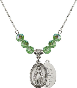 18" Rhodium Plated Necklace with 4mm Peridot Crystal Beads featuring a Sterling Silver Miraculous Medal.