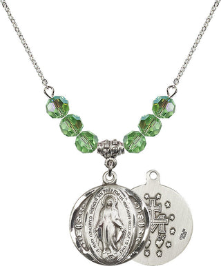 18" Rhodium Plated Necklace with 4mm Peridot Crystal Beads featuring a Sterling Silver Miraculous Medal.