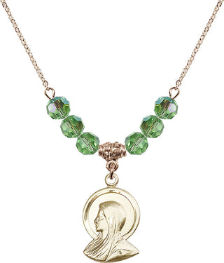 18" Hamilton Gold Plated Necklace with 4mm Peridot Crystal Beads featuring a 14kt Gold Filled Madonna Medal.