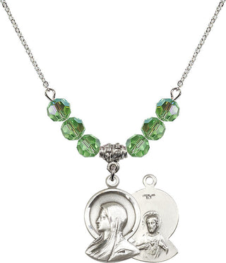 18" Rhodium Plated Necklace with 4mm Peridot Crystal Beads featuring a Sterling Silver Madonna Medal.