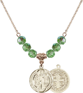 18" Hamilton Gold Plated Necklace with 4mm Peridot Crystal Beads featuring a 14kt Gold Filled Saint Benedict Medal.