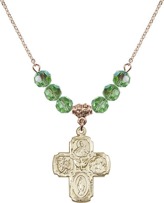 18" Hamilton Gold Plated Necklace with 4mm Peridot Crystal Beads featuring a 14kt Gold Filled 5-Way Medal.