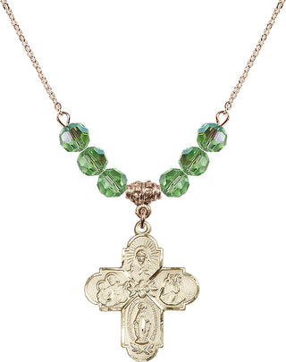 18" Hamilton Gold Plated Necklace with 4mm Peridot Crystal Beads featuring a 14kt Gold Filled 4-Way Medal.