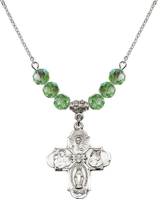 18" Rhodium Plated Necklace with 4mm Peridot Crystal Beads featuring a Sterling Silver 4-Way Medal.