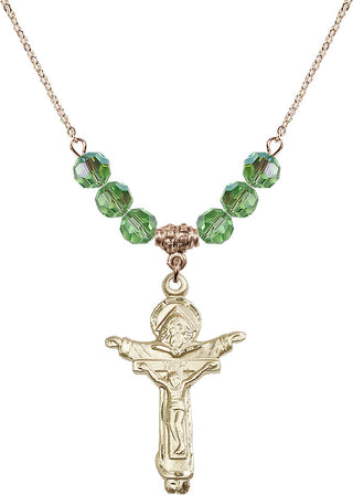 18" Hamilton Gold Plated Necklace with 4mm Peridot Crystal Beads featuring a 14kt Gold Filled Trinity Crucifix Medal.
