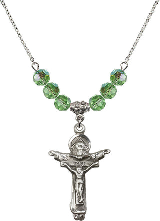 18" Rhodium Plated Necklace with 4mm Peridot Crystal Beads featuring a Sterling Silver Trinity Crucifix Medal.
