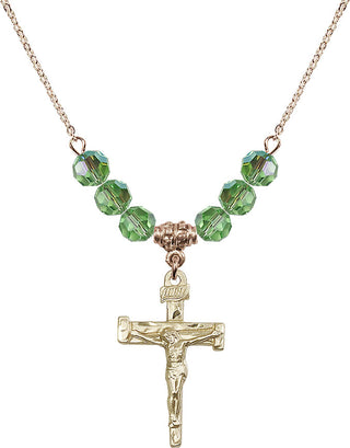 18" Hamilton Gold Plated Necklace with 4mm Peridot Crystal Beads featuring a 14kt Gold Filled Nail Crucifix Medal.