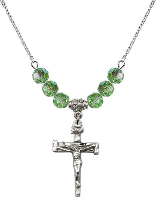 18" Rhodium Plated Necklace with 4mm Peridot Crystal Beads featuring a Sterling Silver Nail Crucifix Medal.